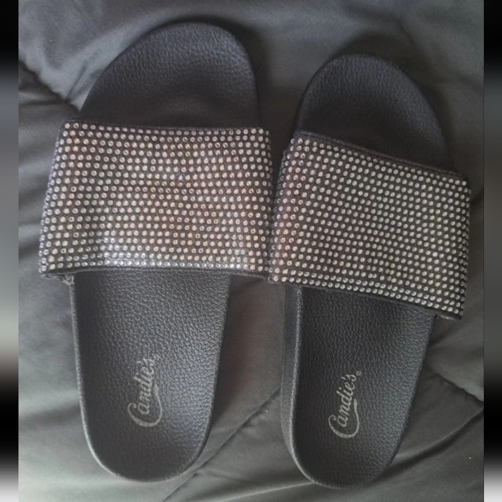 Candies Womens black diamond rhinestone slide Sandals Size 8